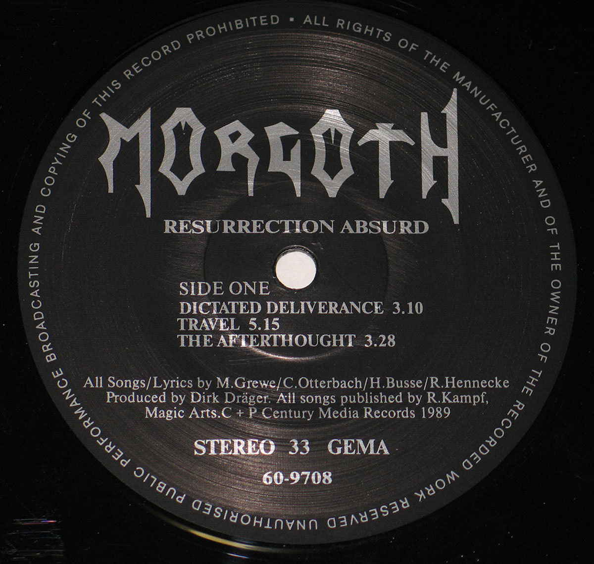 Close up photo of the records label MORGOTH - Resurrection Absurd  